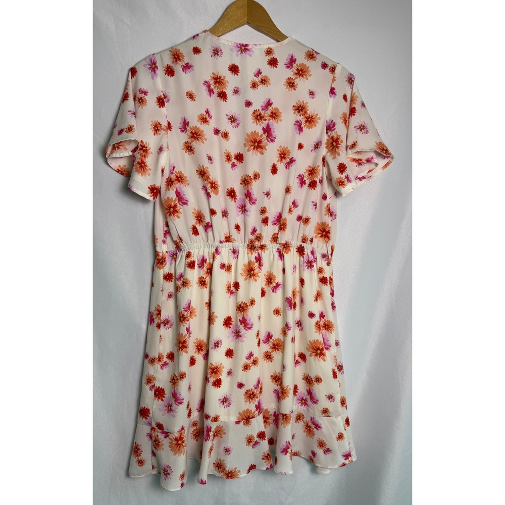 Sadie &‎ Sage Floral Faux Wrap Mini Dress Orange Pink Daisy Ruffle Hem Large - Picture 2 of 7